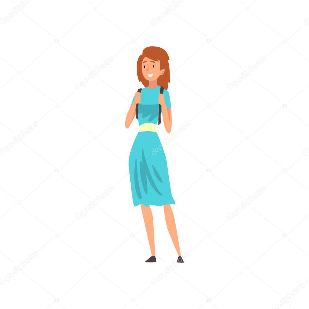 Young Smiling Woman Standing with Backpack Vector Illustration