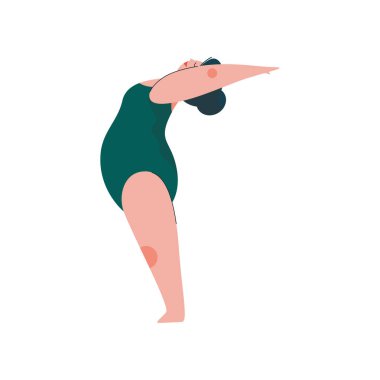 Artı boyutu düzgün vücutlu kadın Tadasana pozisyonda, pratik Yoga, spor ve sağlıklı yaşam tarzı vektör çizim mayo tombul kız güzel