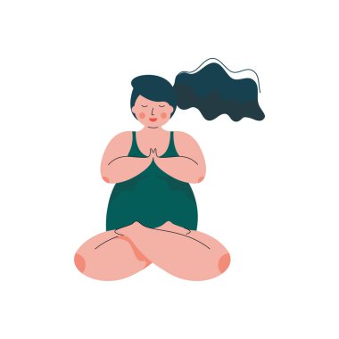 Artı boyutu düzgün vücutlu kadın Padmasana pozisyonda, pratik Yoga, spor ve sağlıklı yaşam tarzı vektör çizim mayo tombul kız güzel