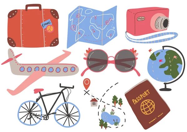 Coleção de objetos de viagem, Mala, Mapa, Câmera, Avião, Óculos de sol, Globo, Bicicleta, Passaporte, Tempo para viajar, Ilustração do Vetor de Férias de Verão —  Vetores de Stock