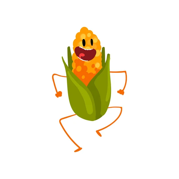 Riendo mazorca de maíz divertirse, lindo personaje vegetal con cara divertida Vector ilustración — Archivo Imágenes Vectoriales