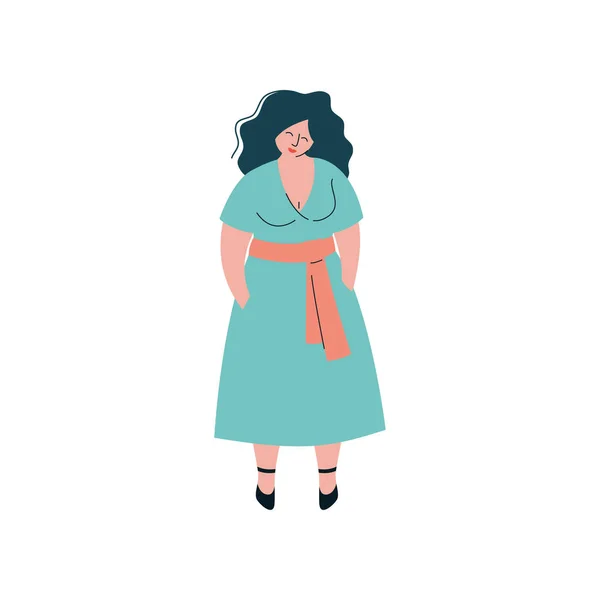 Attrayant Brunette Curvy Girl dans la robe de mode, belle femme dodue de grande taille Illustration vectorielle — Image vectorielle