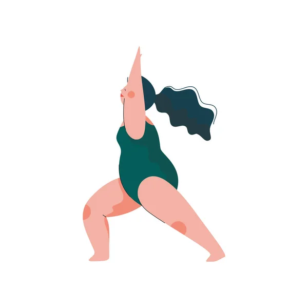 Beautiful Plus Size Curvy Woman in Virabhadrasana Position, Plump Girl in Swimsuit Practicing Yoga, Sport and Healthy Lifestyle Vector Illustration