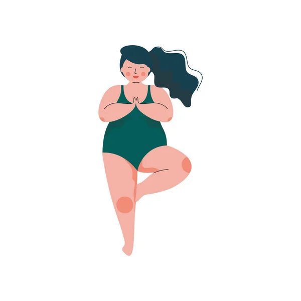Krásná a navíc velikost křivky žena v Vrikshasana pozici, baculatá dívka v plavkách, cvičení jógy, sportu a zdravého životního stylu vektorové ilustrace — Stockový vektor