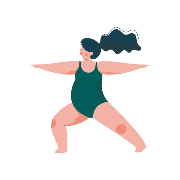 Beautiful Plus Size Curvy Woman in Virabhadrasana Warrior Position, Plump Girl in Swimsuit Practicing Yoga, Sport and Healthy Lifestyle Vector Illustration