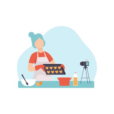 Mutfak yemek ve Video kamera, onun hobi ilgili içerik oluşturma ve sosyal medya Video flama vektör çizim üzerinde posta o genç kadın gıda Blogger kayıt kız