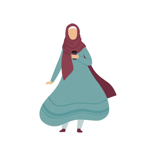 Muzułmańskie kobiety stojącej filiżankę kawy, nowoczesne Arab Dziewczyna w odzież tradycyjnych wektor ilustracja — Wektor stockowy