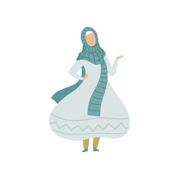 美丽的穆斯林妇女在浅蓝色礼服和 Hijab, 现代阿拉伯女孩在传统的服装向量例证 — 图库矢量图片
