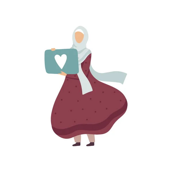 穆斯林妇女拿着招牌与心脏, 现代阿拉伯女孩在传统的服装向量例证 — 图库矢量图片