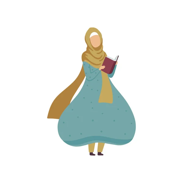 Moslimvrouw permanent en het lezen boek, moderne Arabische meisje in traditionele kleding vectorillustratie — Stockvector