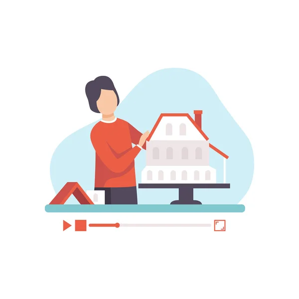 Male Architect Presenting Model of Building, Young Man Blogger Creating Content about His Hobby and Posting it on Social Media, Online Channel Concept Vector Illustration - Stok Vektor