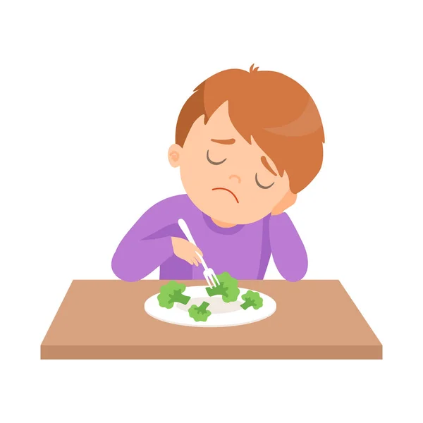 Cute Boy no quiere comer brócoli, al niño no le gustan las verduras Vector Illustration — Vector de stock