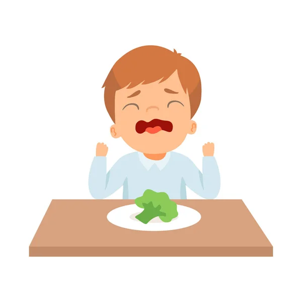 Crying Little Boy Refusing to Eat Broccoli, Kid Does Not Like Healthy Food Vector Illustration — Stock Vector