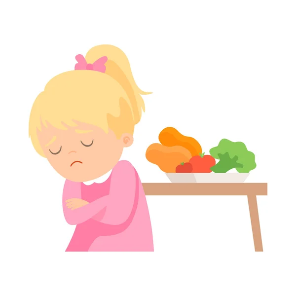 Schattig meisje wil niet eten van groenten, kind houdt niet van gezonde voeding vectorillustratie — Stockvector