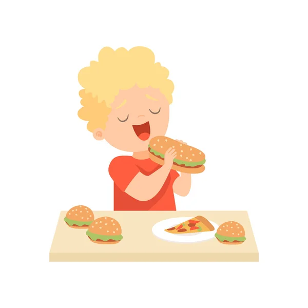 Roztomilý šťastný chlapec jíst hamburger, dítě těší jíst Fast Food vektorové ilustrace — Stockový vektor