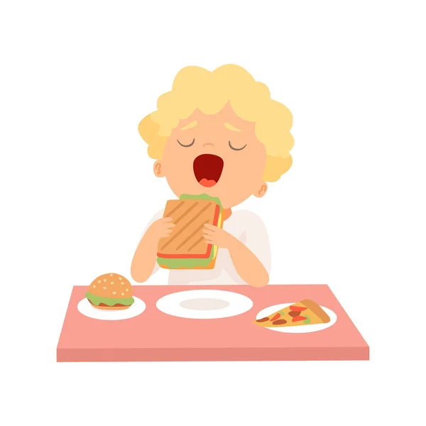 Niedlicher Junge isst Sandwich, Kind genießt das Essen von Fast Food Vektorillustration — Stockvektor