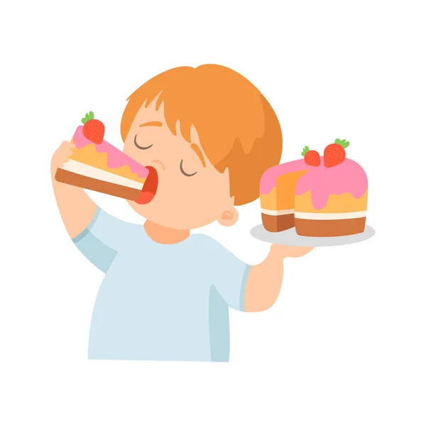 Lindo niño comiendo pastel cremoso con fresa Vector Ilustración — Archivo Imágenes Vectoriales