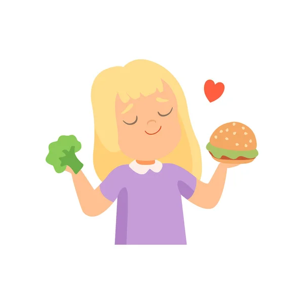 Meisje bedrijf hamburger en Broccoli in haar handen, meisje liever om te eten fastfood vectorillustratie — Stockvector