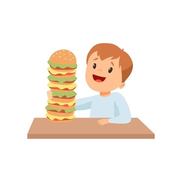 Niedlicher glücklicher Junge mit riesigem Burger, Kind genießt Essen von Fast-Food-Vektorillustration — Stockvektor