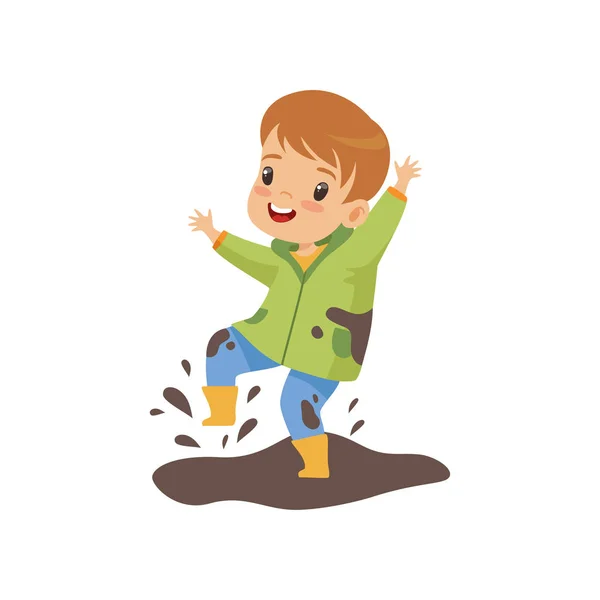 Roztomilý chlapec skákání ve špíně, roztomilý zlobivé dítě, dítě špatné chování vektorové ilustrace — Stockový vektor