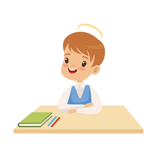 Little Boy With Halo on His Head Sitting at Desk, Cute Child with Good Manners Vector Illustration — Stock Vector