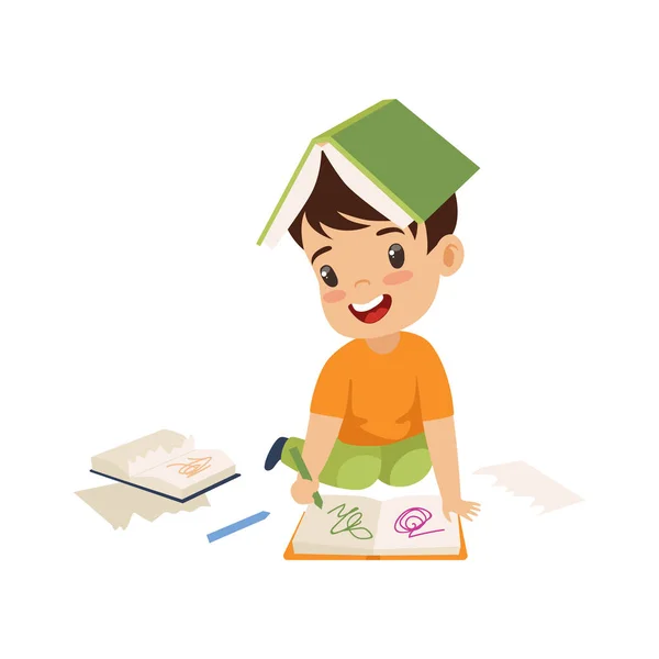 Lindo chico travieso rasgando páginas de libro y escribir en él, mal comportamiento del niño Vector ilustración — Vector de stock