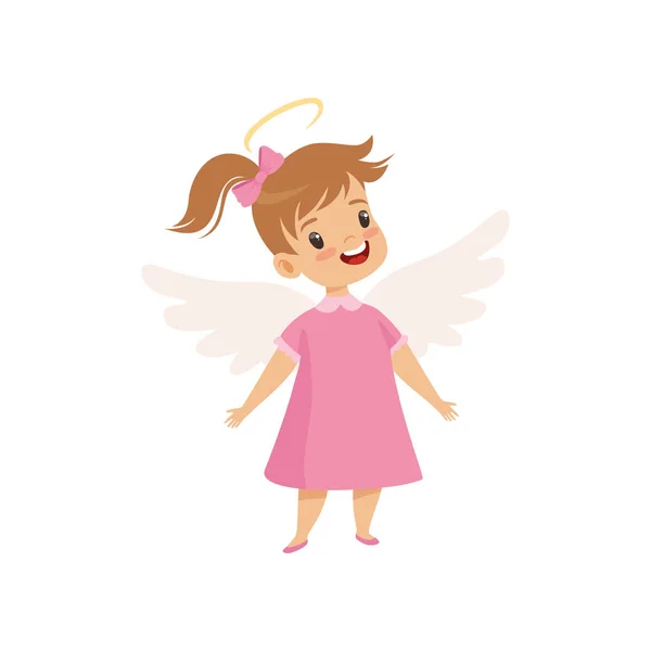 Mało skrzydlate dziewczyna z Halo na głowie nosi różowy sukienka, Ładna dziecko z ilustracji wektorowych dobrych manier — Wektor stockowy