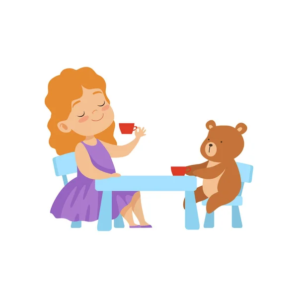 Linda niña jugando con su osito de peluche en la fiesta del té Vector ilustración — Vector de stock