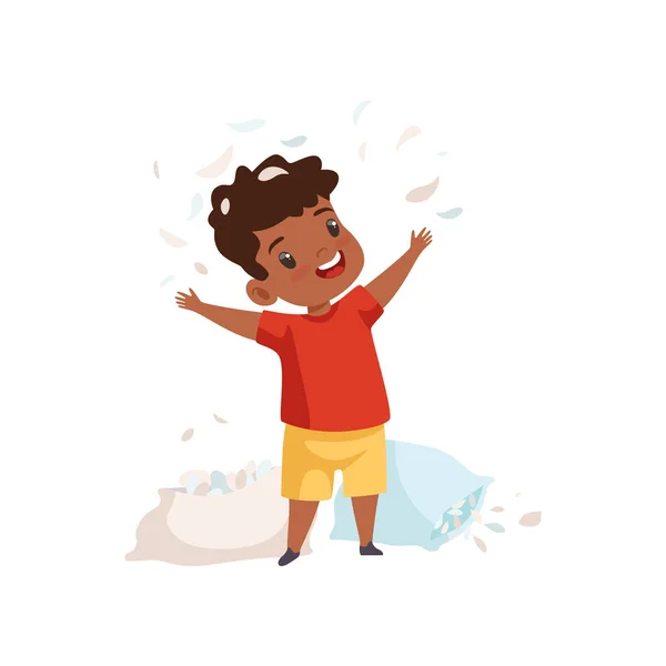 Little Boy Playing with Pillows, Feathers Flying Around Him, Cute Naughty Kid, Bad Child Behavior Vector Illustration — Stock Vector