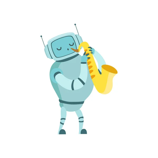 Cute Robot Musician Playing Saxophone Musical Instrument Vector Illustration — Stock Vector