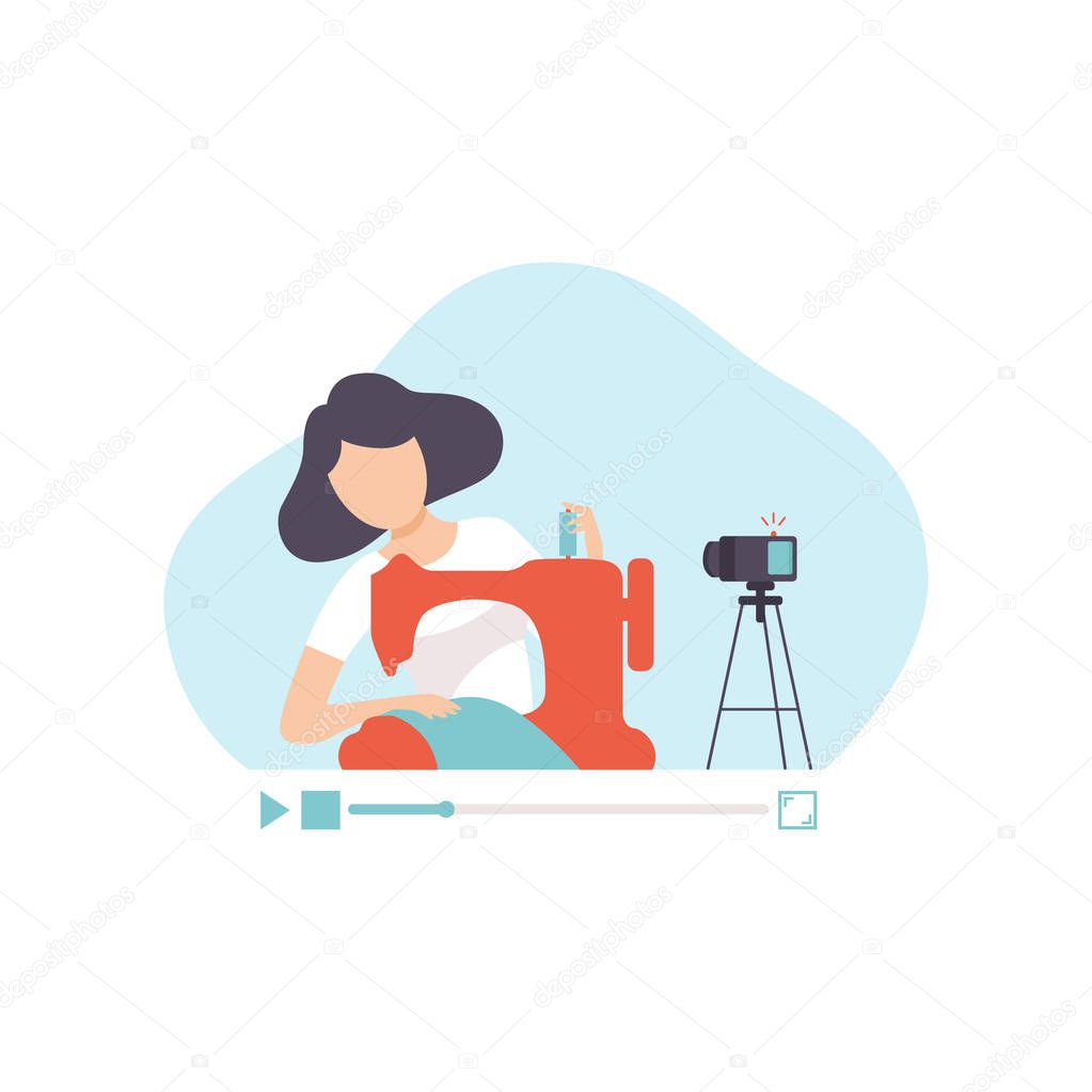Girl Sewing Clothes By Sewing Machine, Young Woman Blogger Creating Content and Posting It on Social Media, Online Channel Concept, Female Video Streamer Vector Illustration