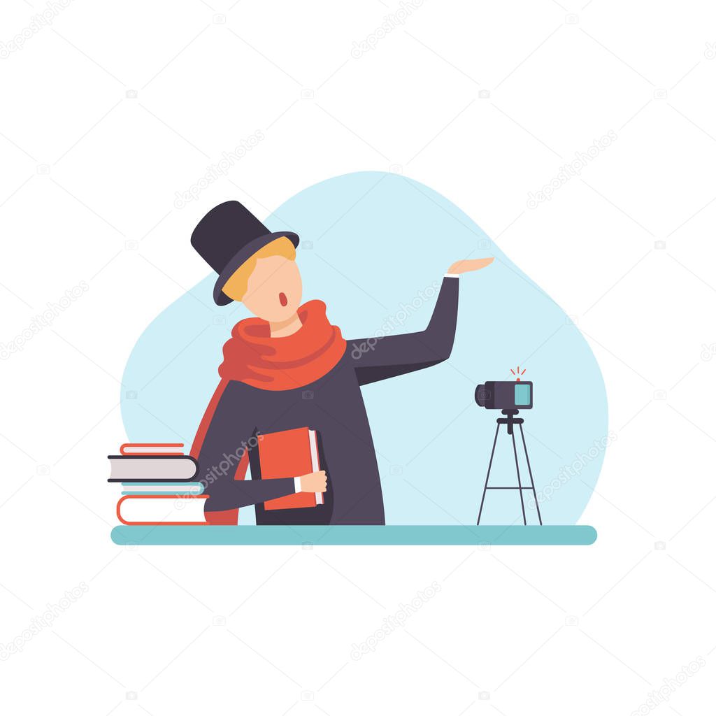 Male Poet Reading His Poems, Man Blogger Creating Content about His Hobby and Posting It on Social Media, Online Channel Concept Vector Illustration