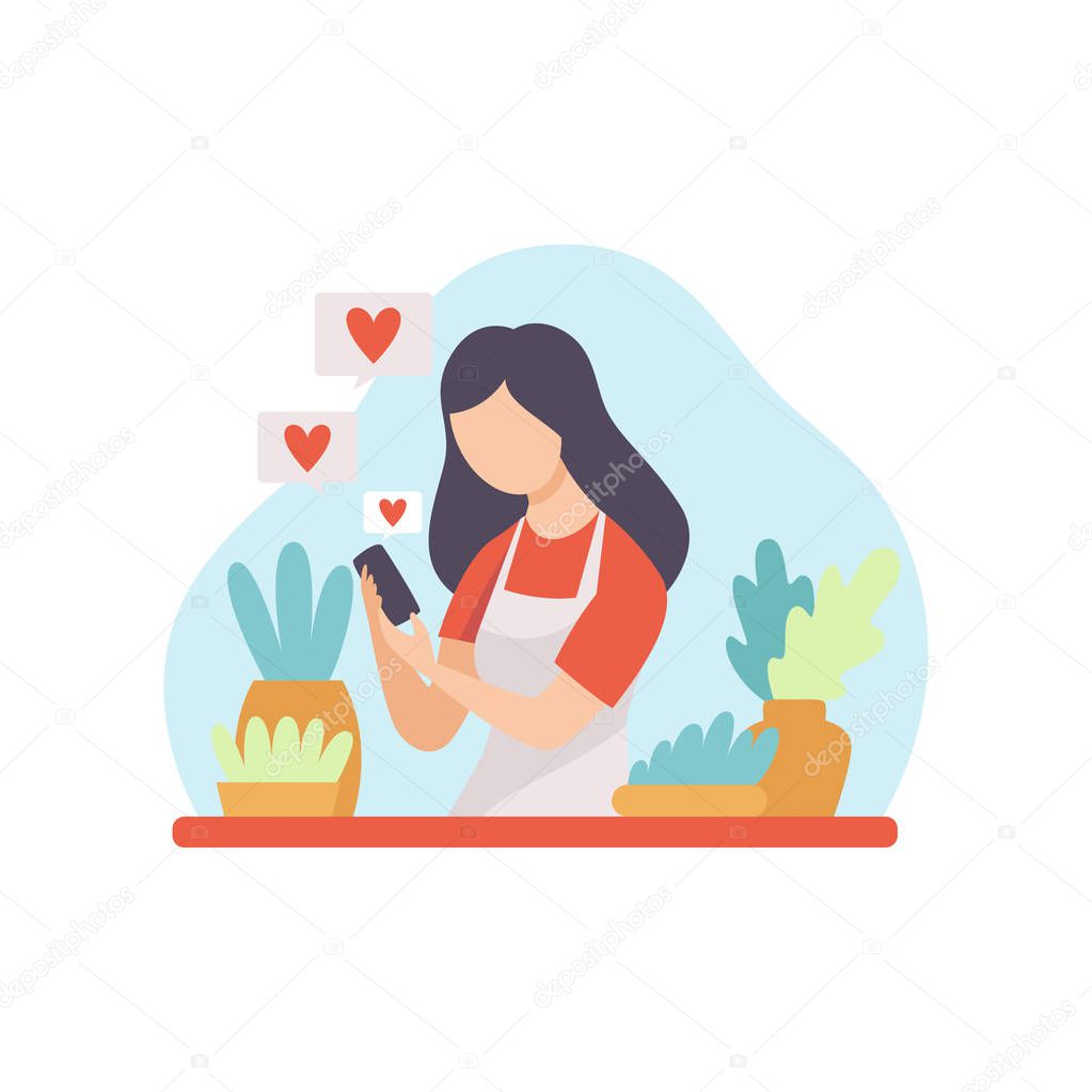 Girl Talking About Houseplants, Young Woman Blogger Creating Content about Her Hobby and Posting It on Social Media, Online Channel Concept, Female Video Streamer Vector Illustration
