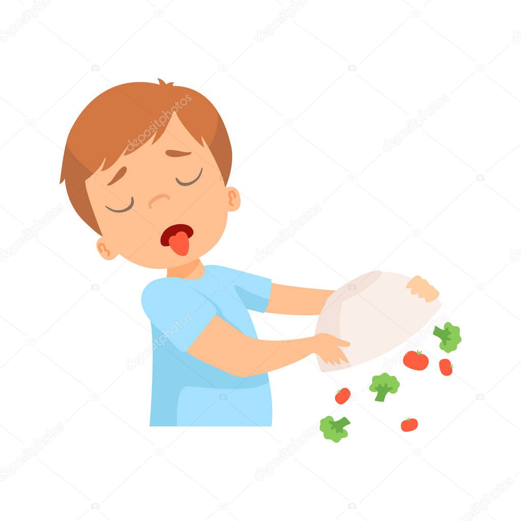 Little Boy Refusing to Eat Vegetables, Kid Does Not Like Healthy Food Vector Illustration