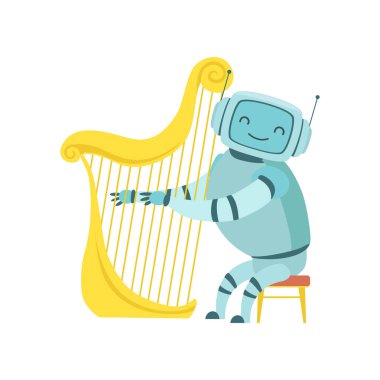Cute Robot müzisyen Harp enstrüman, vektör çizim çalma