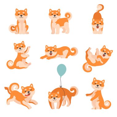Günlük faaliyetleri küme gerçekleştirme Shiba Inu köpekler çok güzel Japonya evcil hayvan hayvanlar karikatür vektör çizim karakterleri
