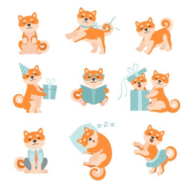 Shiba Inu köpeklerde değişik durumlarda cabukşalterli, sevimli Japonya evcil hayvan hayvanlar çizgi film karakterleri vektör çizim