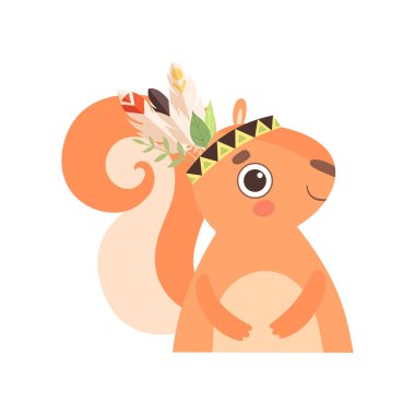 Sevimli sincap hayvan tüyleri vektörel çizim ile geleneksel Hint kabile Headdress giyiyor