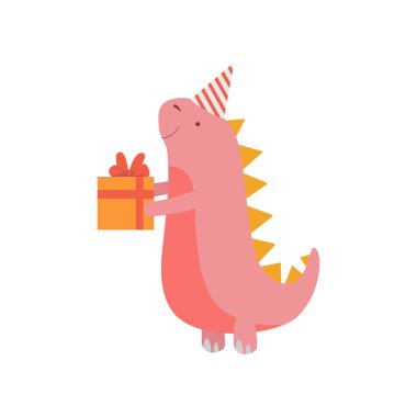 Dinozor hediye kutusu, şirin renkli Dino karakter, Happy Birthday Party tasarım öğesi vektör çizim ile parti şapkalı