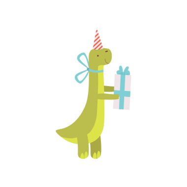 Sevimli dinozor hediye kutusu, yeşil Dino karakter, Happy Birthday Party tasarım öğesi vektör çizim ile parti şapkalı