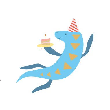 Sevimli Elasmosaurus dinozor parti şapkalı, komik renkli Dino karakter, Happy Birthday Party tasarım öğesi vektör çizim