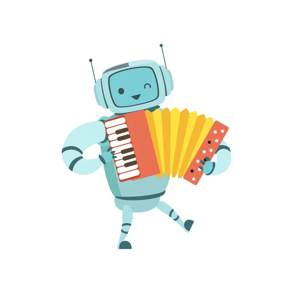 Cute Robot Musician Playing Accordion Musical Instrument Vector Illustration — Stock Vector