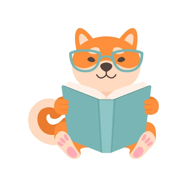 Shiba Inu Dog in Glasses Reading Book, Cute Funny Japan Pet Animal Cartoon Character Vector Illustration — Stock Vector