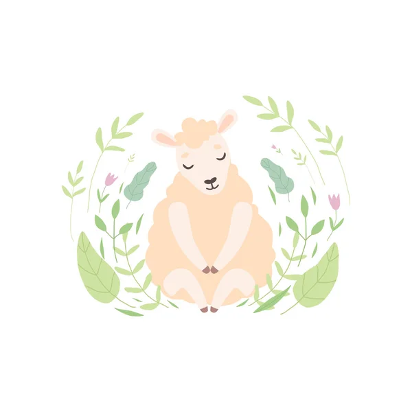 Adorabile agnellino, simpatico animale di pecora seduto sulla bella primavera prato vettoriale Illustrazione — Vettoriale Stock