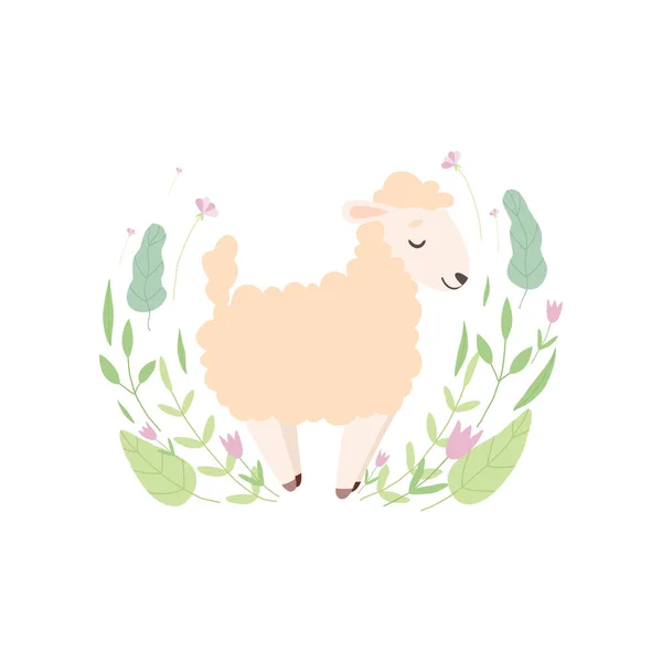 Adorable corderito, ovejita linda animal de pie en la hermosa primavera pradera Vector Ilustración — Vector de stock