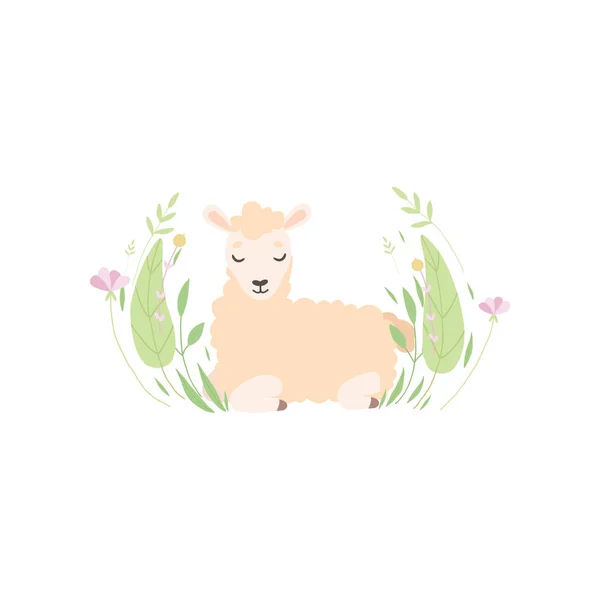 Adorabile piccolo agnello sdraiato sul bellissimo prato primaverile, simpatica illustrazione vettoriale degli animali di pecora — Vettoriale Stock