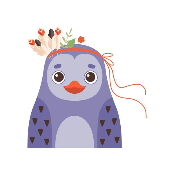 かわいいペンギンの羽と植物のベクトル図の頭飾りを身に着けています。 — ストックベクタ