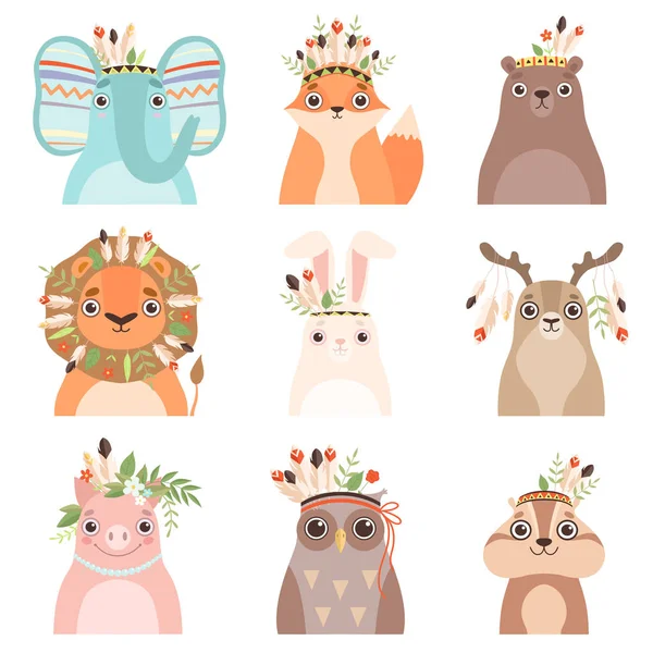 Cute Animals Wearing Headdress with Feathers, Leaves and Flowers Set, Elephant, Fox, Bear, Lion, Hare, Deer, PIg, Owl, Woodchuck in Feathered Headgears Vector Illustration — Stock Vector