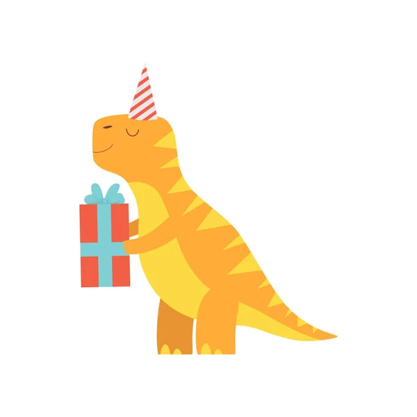 Dinossauro bonito no chapéu do partido que prende a caixa de presente, caráter adorável de Dino, ilustração do vetor do elemento do projeto do partido do aniversário feliz — Vetor de Stock