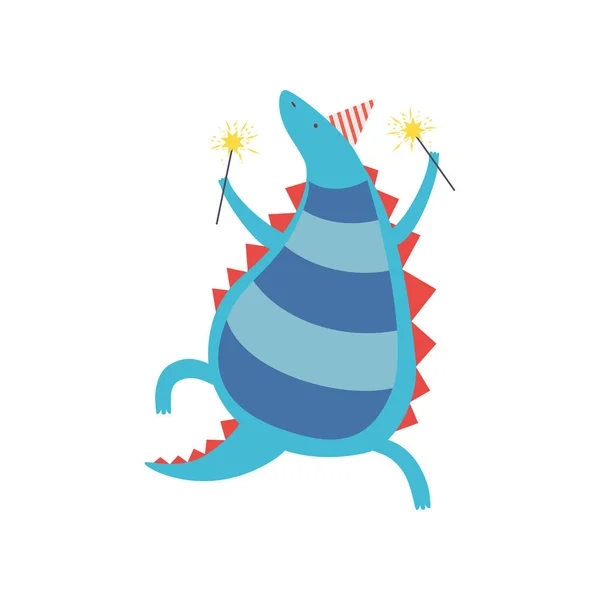 Happy dinosaurus v Party Hat s prskavky, roztomilý barevný charakter Dino, Happy Birthday Party Design prvek vektorové ilustrace — Stockový vektor